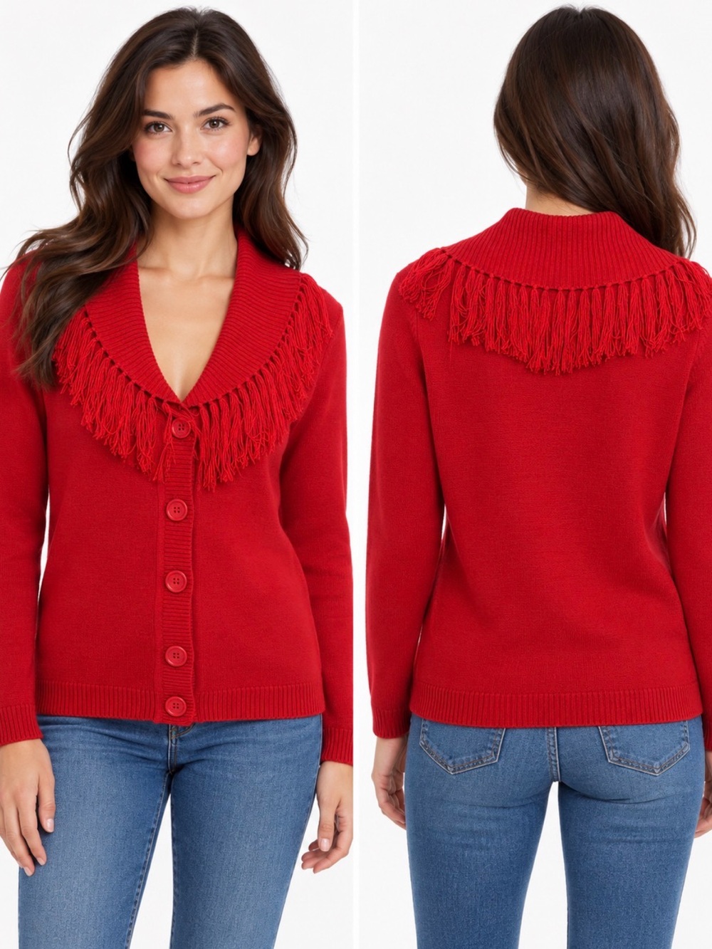 Fringe Shawl Collar Cardigan Sweater - Red